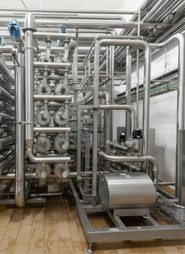 Food-grade stainless steel sanitary piping in food processing facility