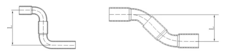 Technical drawing displaying safe installation dimensions for 45-degree and 90-degree elbow combinations across DN15 to DN100 pipe sizes.