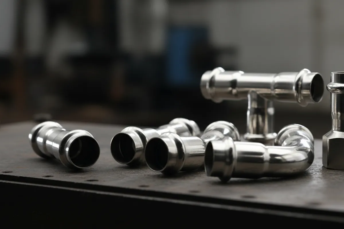 Complete range of Nonleak double-press (double-grip) stainless steel fittings in various types and sizes, ready for fast and reliable installation in plumbing systems.