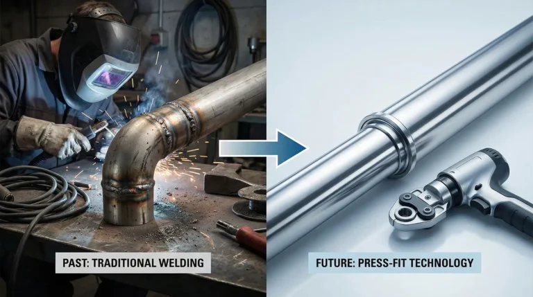 Conceptual diagram comparing traditional welding with modern press-fit connections, highlighting the simplicity and cleanliness of the press-fit system.