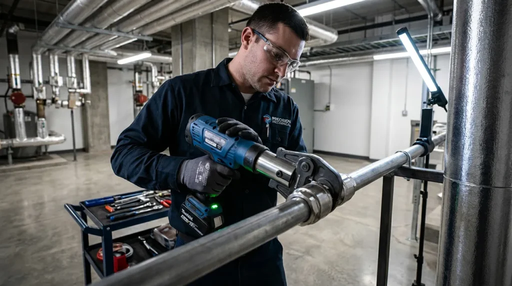 A technician using an electric press tool to make a quick and clean connection on a stainless steel piping system.