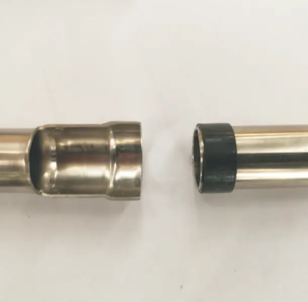 Cross-section of an Orbital Press fitting and pipe before assembly, showing the pipe ready to be inserted, the rectangular sealing ring in its groove, and the precise machining of the fitting's sealing chamber.