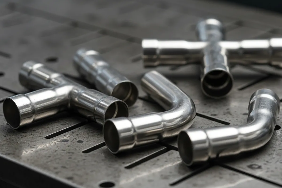 Assortment of Nonleak orbital press stainless steel fittings including elbows, tees, and couplings, designed for creating strong, uniform joints in gas and industrial applications.