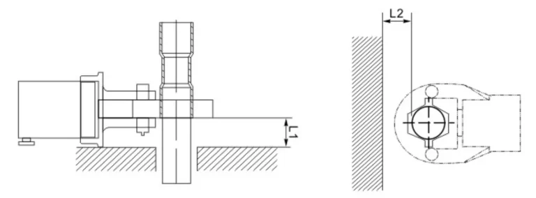 Technical illustration showing proper pipeline installation through walls and floors, including sleeve requirements, sealing methods, and clearance specifications.