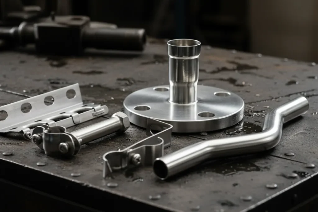 A selection of stainless steel pipeline accessories including flanges, single and double-ear clamps, and bridge bends.
