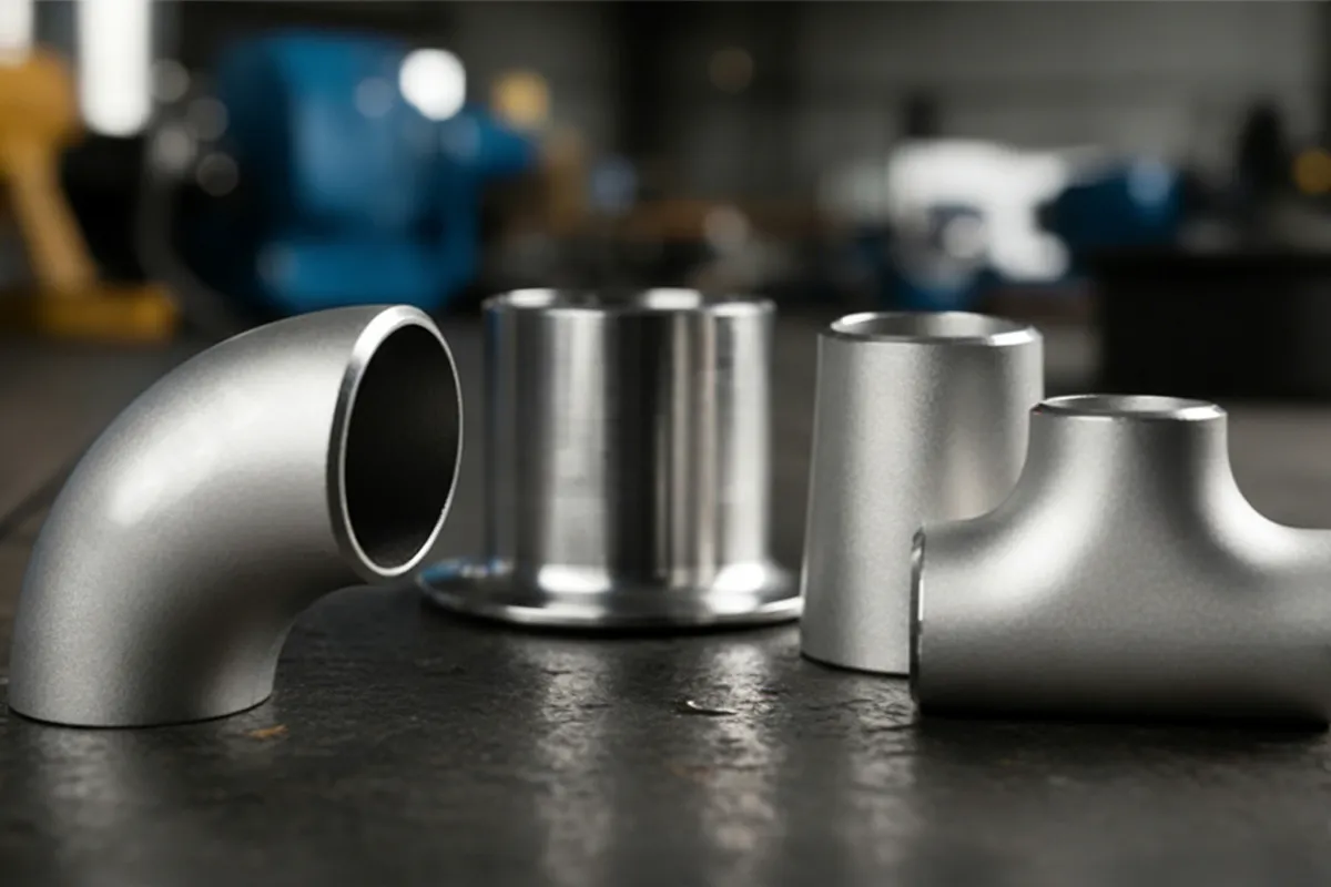 Macro close-up of precision stainless steel butt-weld fittings (elbows, tees, reducers, caps) on textured industrial background with reflective surfaces