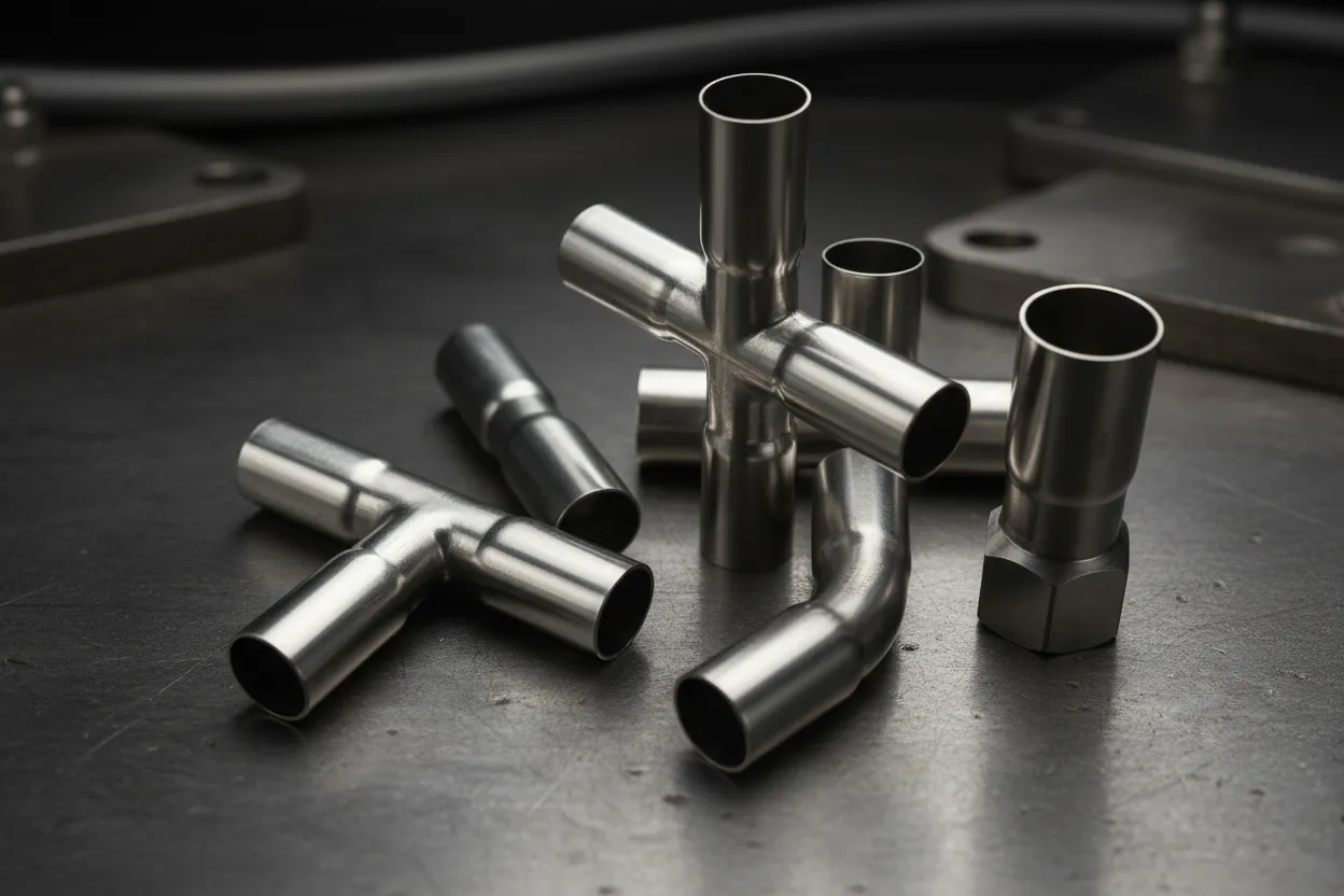 Collection of Nonleak threaded press-fit stainless steel fittings, showing the internal threads and anaerobic adhesive preparation, certified for a 70-year service life.