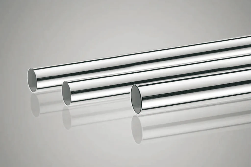 A comprehensive assortment of Nonleak stainless steel pipes in various diameters and lengths, showcasing a consistent satin finish.
