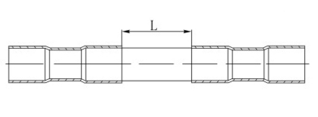 Technical diagram showing minimum required distances between straight pipe couplings for different diameter sizes (DN15-DN100) to accommodate connection deformation.