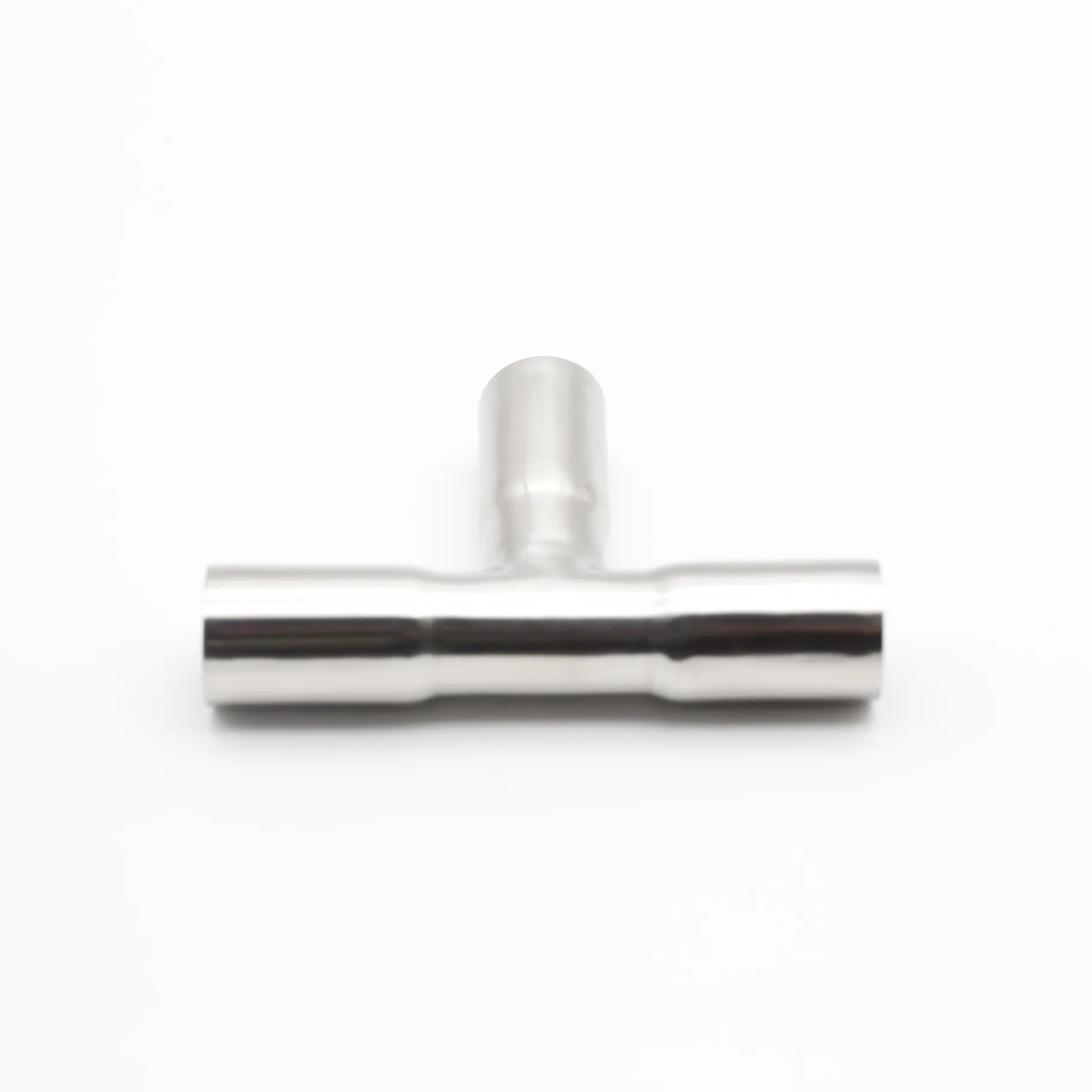 Front view stainless steel equal tee showing three connection ports