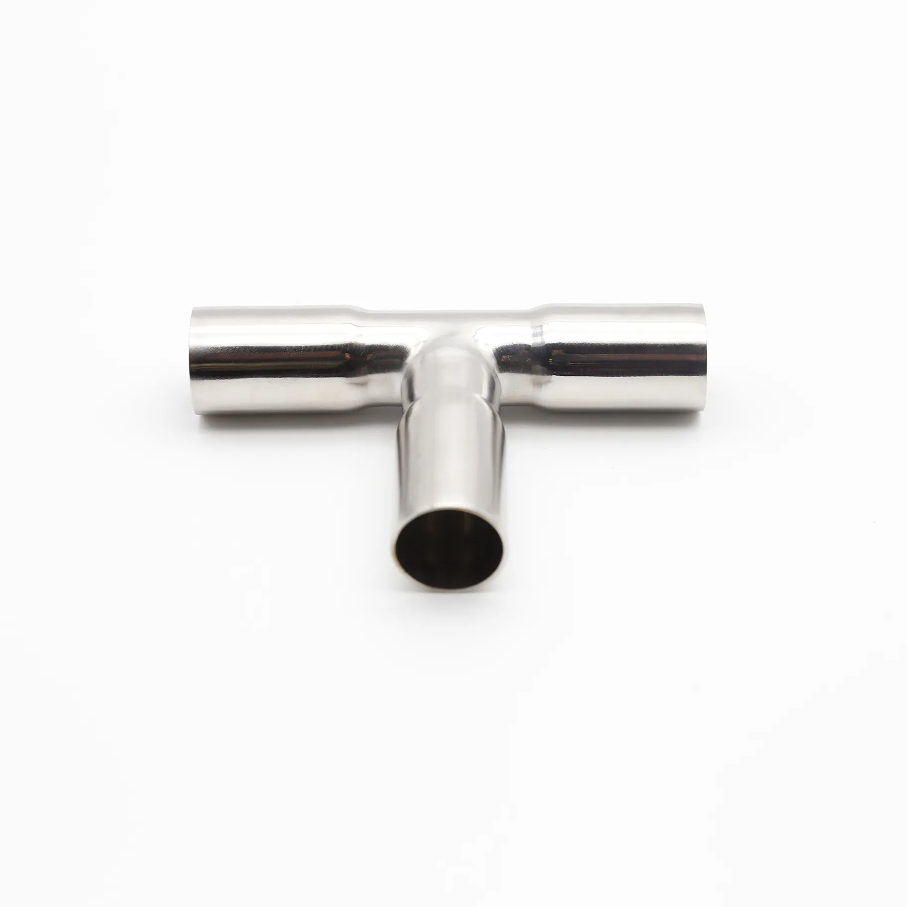 Side view of stainless steel equal tee fitting showing profile dimensions