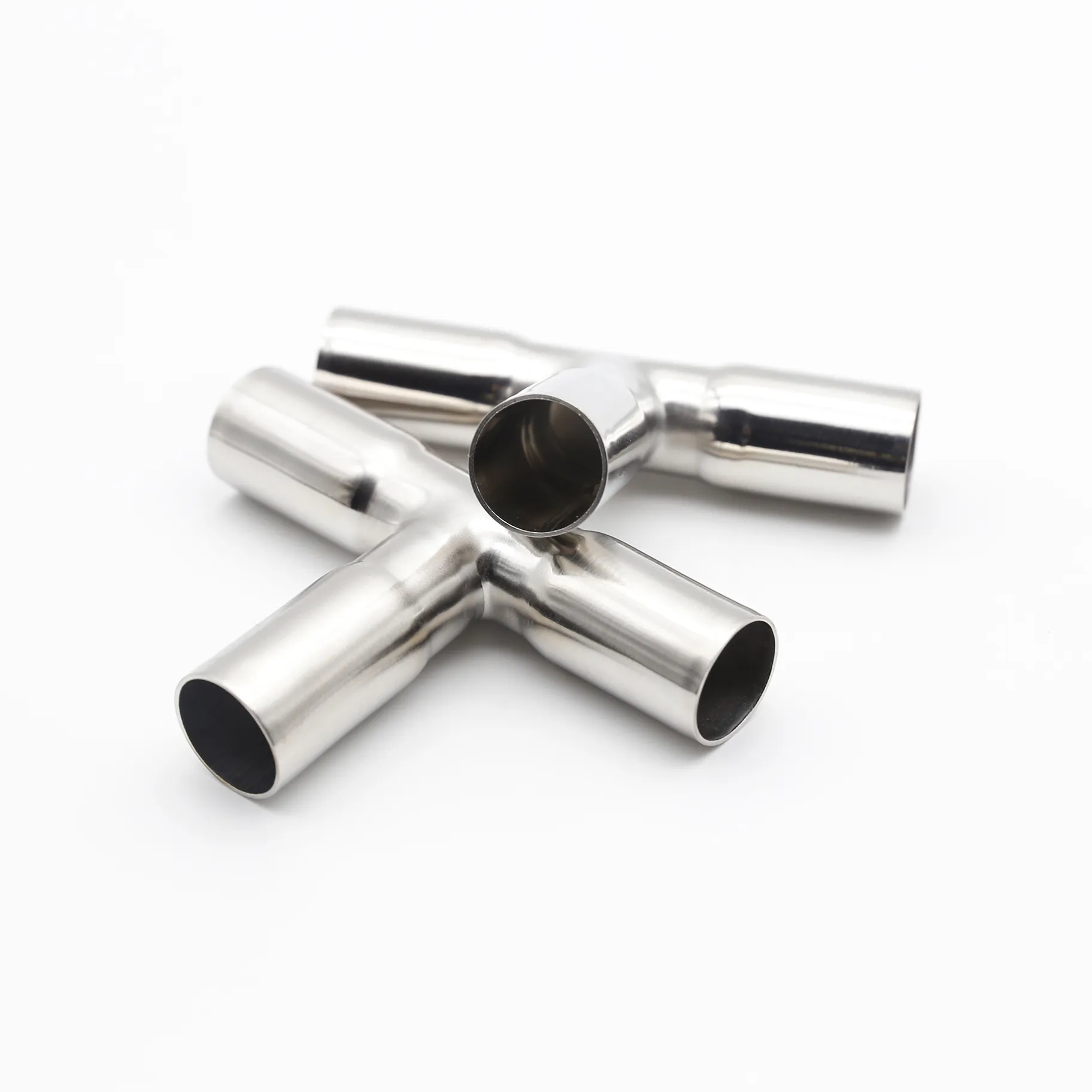 Comparative view two stainless steel equal tees different angles