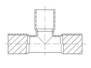 Cross-section diagram of a universal stainless steel equal tee showing internal threaded press-fit mechanism and socket weld preparation.