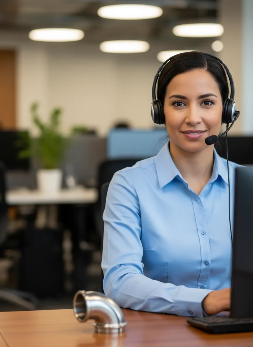 Friendly customer service representative for industrial stainless steel pipes and fittings, wearing headset in modern office environment, ready to assist with quotes and technical support.