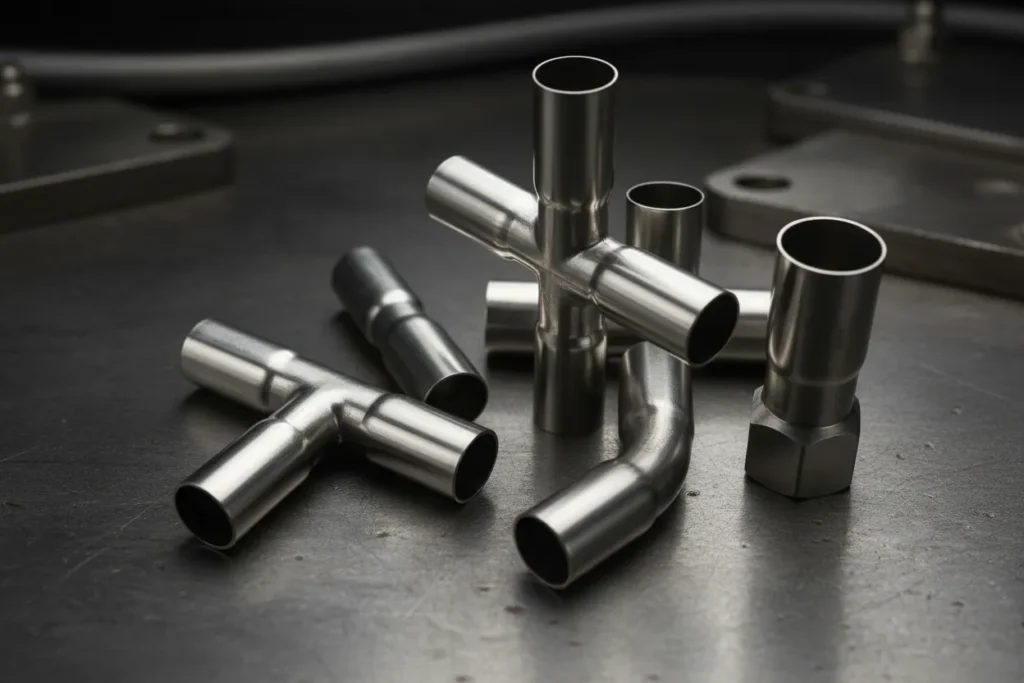 An organized display of various Nonleak stainless steel pipe fittings including elbows, tees, couplers, and reducers in multiple sizes.