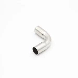 Three-quarter view of a compact (A-Type) 90-degree stainless steel elbow with threaded press-fit connections, isolated on a pure white background.