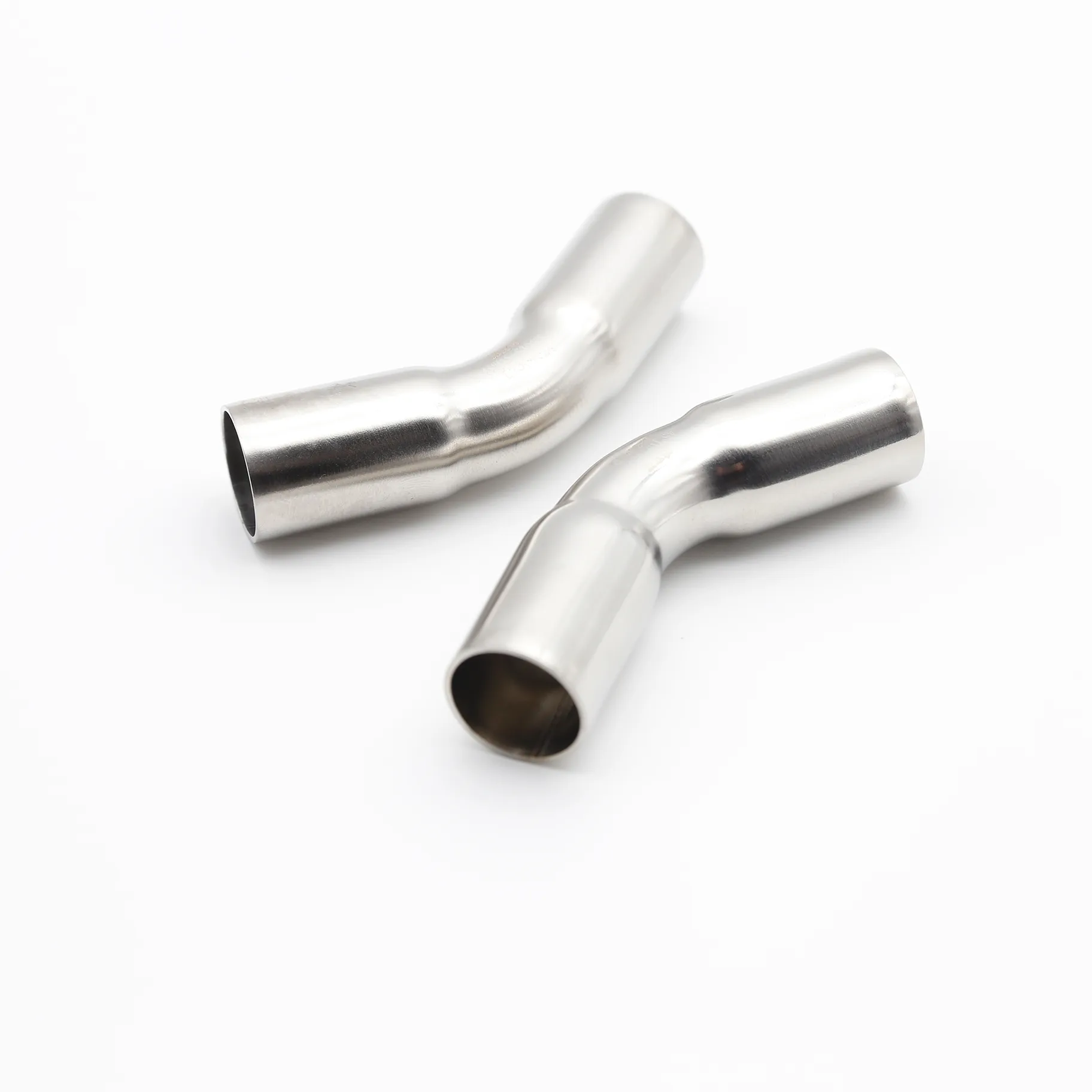 Two identical 45-degree stainless steel elbows placed side-by-side on a white background.
