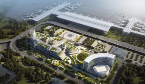 Architectural rendering of the expansive Guiyang Airport terminal expansion and connected office buildings, featuring a reliable stainless steel water supply system.