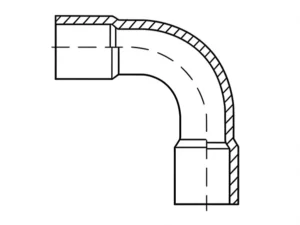 Cutaway technical diagram of a 90-degree elbow, illustrating the internal threaded channel and the cured anaerobic adhesive forming a continuous seal at the bend.