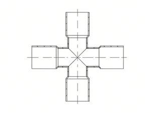 Cross-sectional diagram of a four-way stainless steel cross fitting, cut through two opposing arms to show the internal threaded sealing chambers and adhesive barriers at each junction.