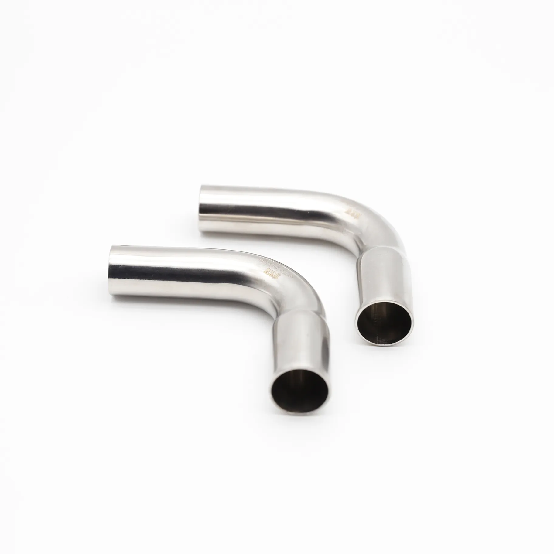 Two identical B-Type 90° stainless steel elbows placed side-by-side on a white background.