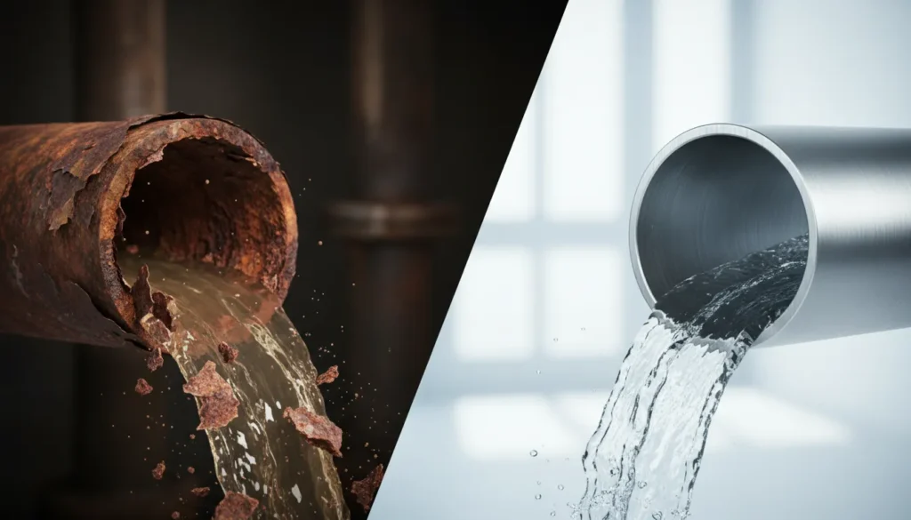 Conceptual split-image comparing a corroded, contaminated pipe interior (left) with the smooth, clean interior of a stainless steel pipe (right).