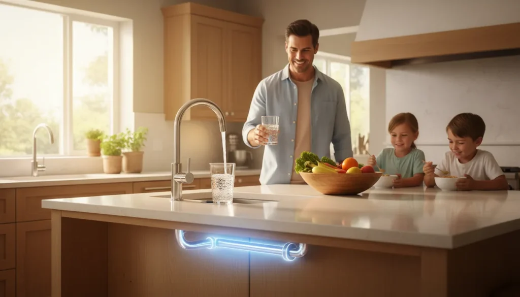 Stainless steel water pipes supporting safe drinking water in a modern kitchen