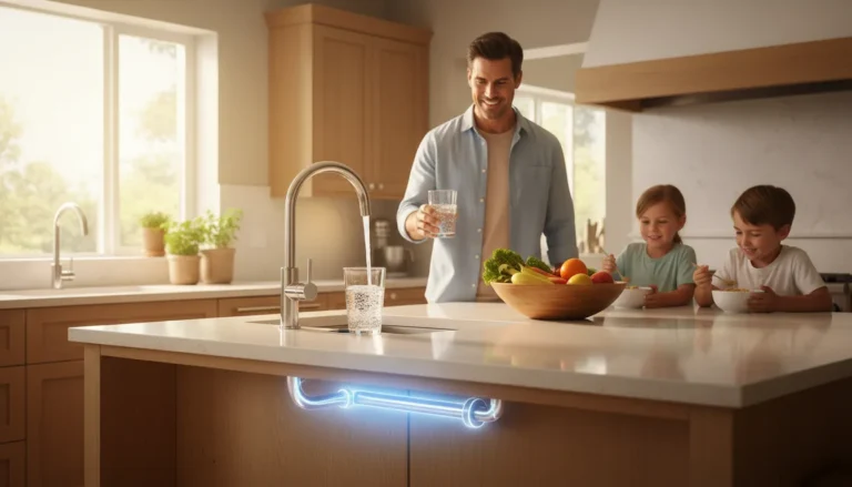A parent in a modern kitchen fills a clear glass of water from the faucet, with a visual emphasis on the clean, reliable stainless steel supply pipe.