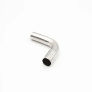 Three-quarter view of a B-Type 90-degree stainless steel elbow isolated on white, clearly showing the press-fit socket on one end and the plain, thicker-walled end on the other.