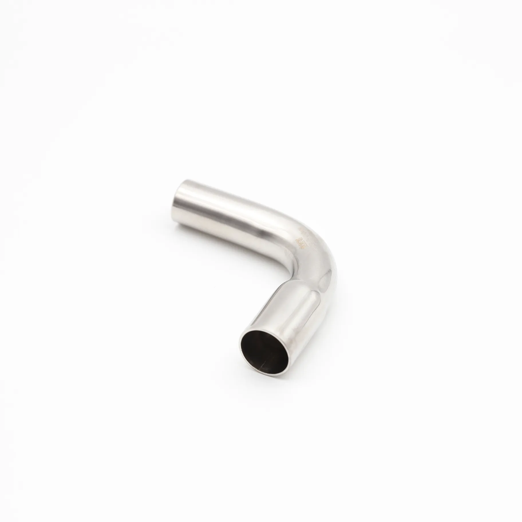 Three-quarter view of a B-Type 90-degree stainless steel elbow isolated on white, clearly showing the press-fit socket on one end and the plain, thicker-walled end on the other.