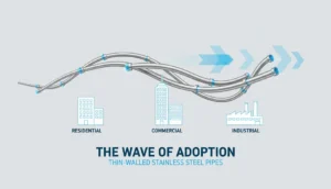 Conceptual infographic illustrating the growing use of thin-walled stainless steel pipes across various construction sectors.