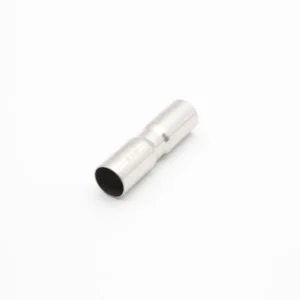 Three-quarter angle view of a stainless steel straight coupling (equal connector) isolated on a white background.