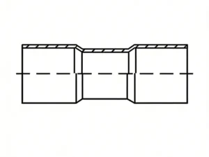 Cross-sectional diagram of a straight coupling, showing a pipe inserted from each side. The cutaway reveals the internal threads and the cured anaerobic adhesive forming a continuous, solid sealing barrier in the middle.
