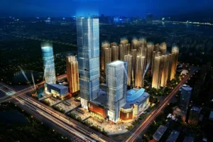 Modern architectural rendering of the Colourful Yunnan No.1 City mixed-use complex in Chenggong New District, Kunming, featuring a reliable stainless steel gas distribution system.