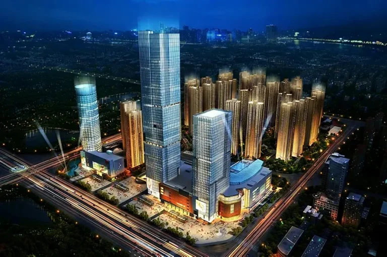 Modern architectural rendering of the Colourful Yunnan No.1 City mixed-use complex in Chenggong New District, Kunming, featuring a reliable stainless steel gas distribution system.
