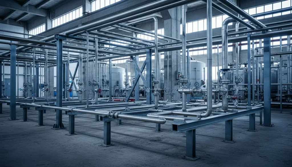 Thin-walled stainless steel pipes mounted on sturdy supports in an industrial facility, conveying gases or process fluids safely and efficiently.