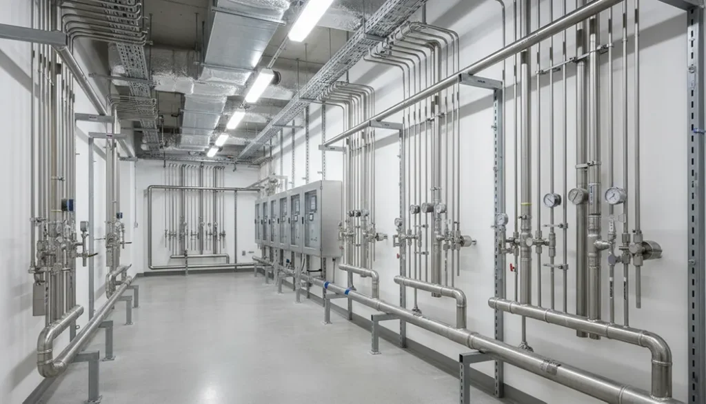 A clean and organized mechanical room in a commercial building, featuring a network of thin-walled stainless steel pipes and press-fit fittings installed on support racks.