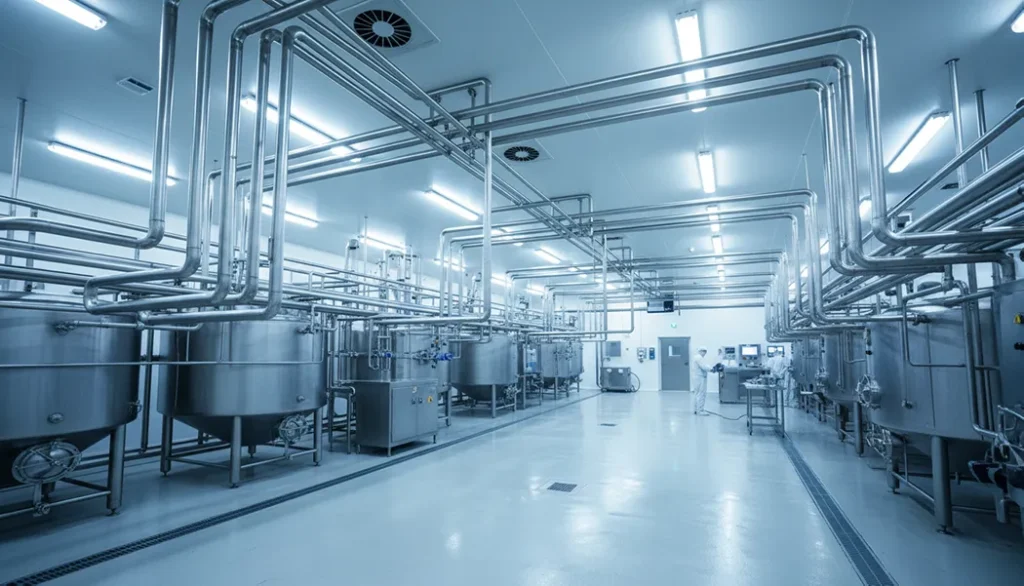 Highly polished (electropolished) thin-walled stainless steel sanitary tubing with smooth orbital weld joints, installed in a spotless food or pharmaceutical processing area.