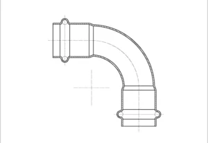 Cross-sectional diagram cut through both arms of a 90-degree elbow, showing identical O-ring sealing grooves and compression zones at each end.