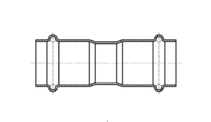 Cross-sectional diagram of a straight coupling, cut through the center to show pipes inserted from both sides and the O-rings compressed in their grooves at each end.