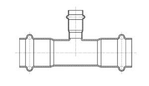 Cross-sectional diagram of a reducing branch tee, showing larger main run openings and a smaller branch outlet, with O-ring grooves visible at all three ports.