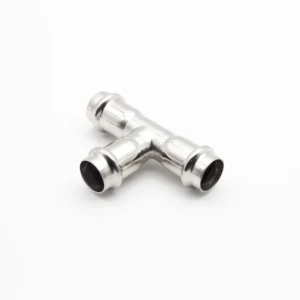 Three-quarter view of a stainless steel double press-fit equal tee fitting on a white background.