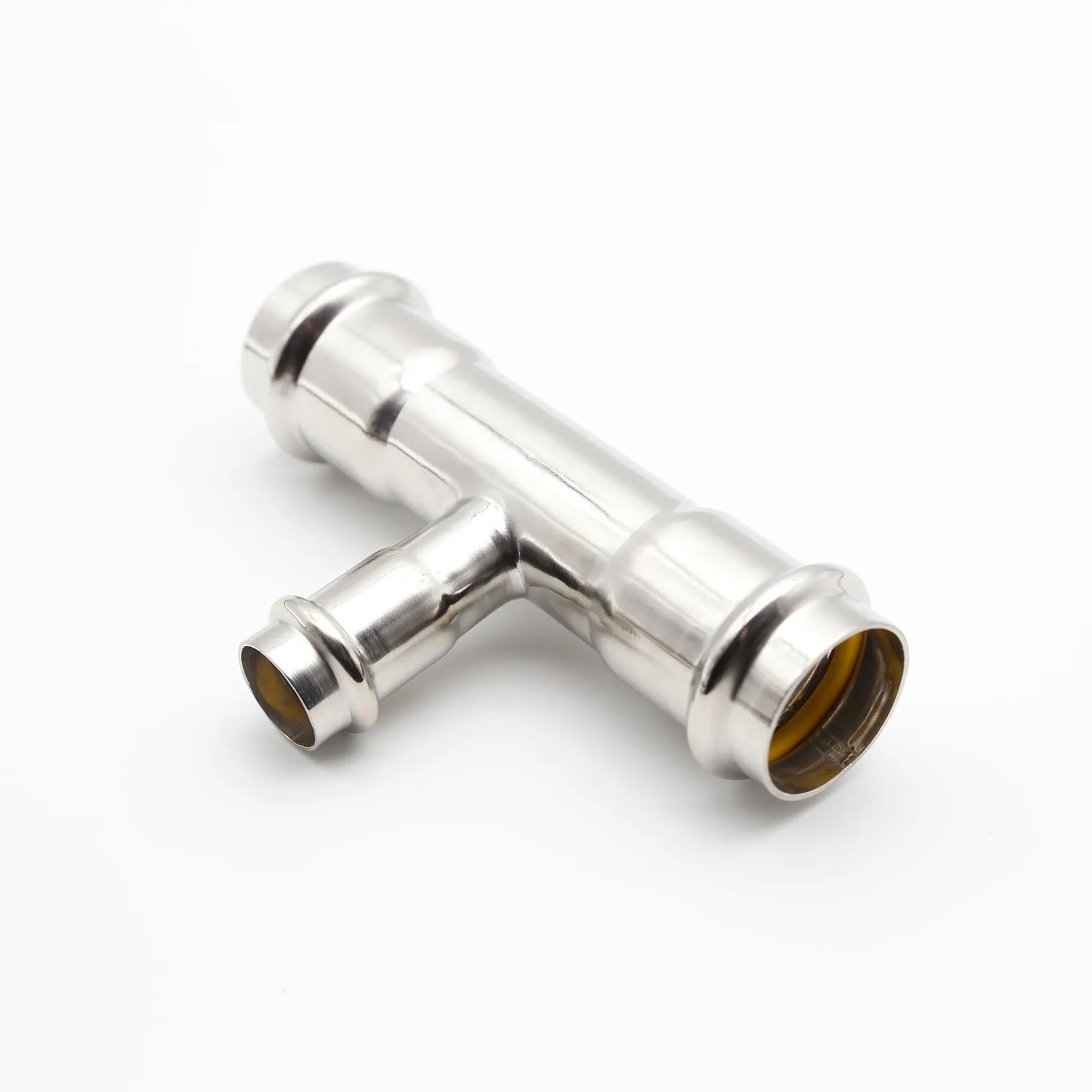 Three-quarter view of a stainless steel reducing branch tee, clearly showing two larger main run ports and one smaller branch outlet.