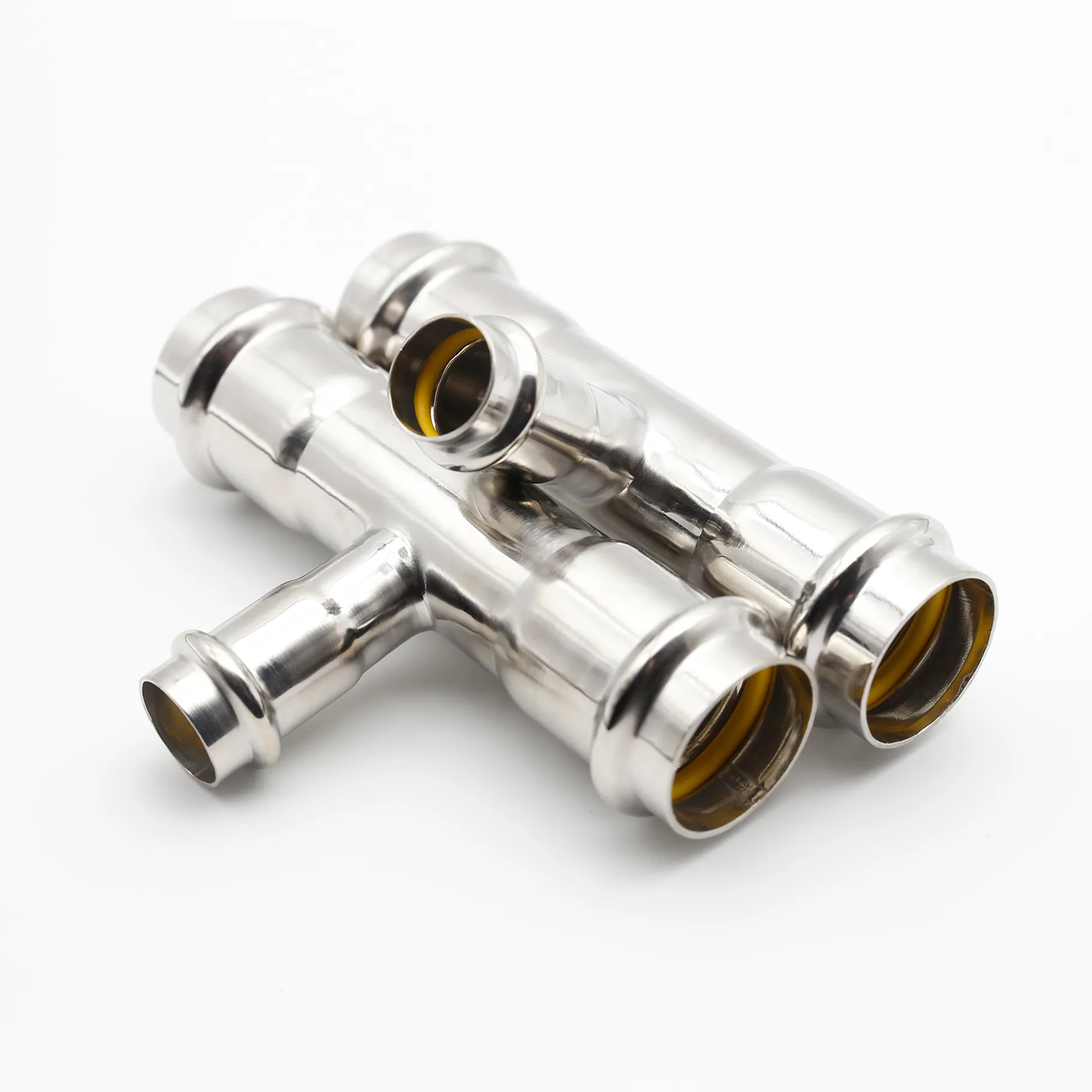 Two reducing tees positioned at staggered angles, illustrating their potential application in a piping layout.