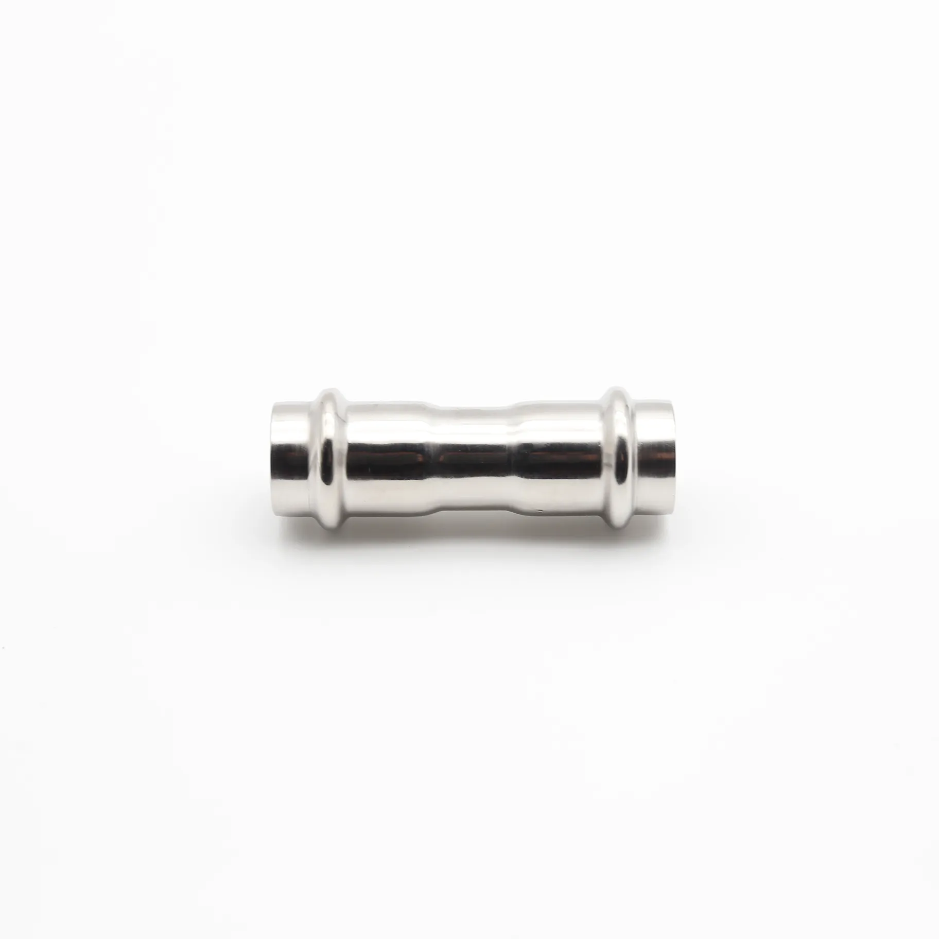 Side profile view of the straight coupling, displaying its full length and cylindrical form on white.