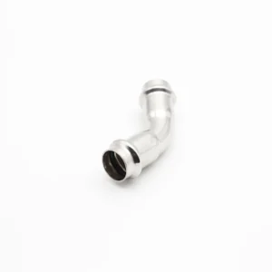 Three-quarter view of a stainless steel 45-degree press-fit elbow isolated on a white background.