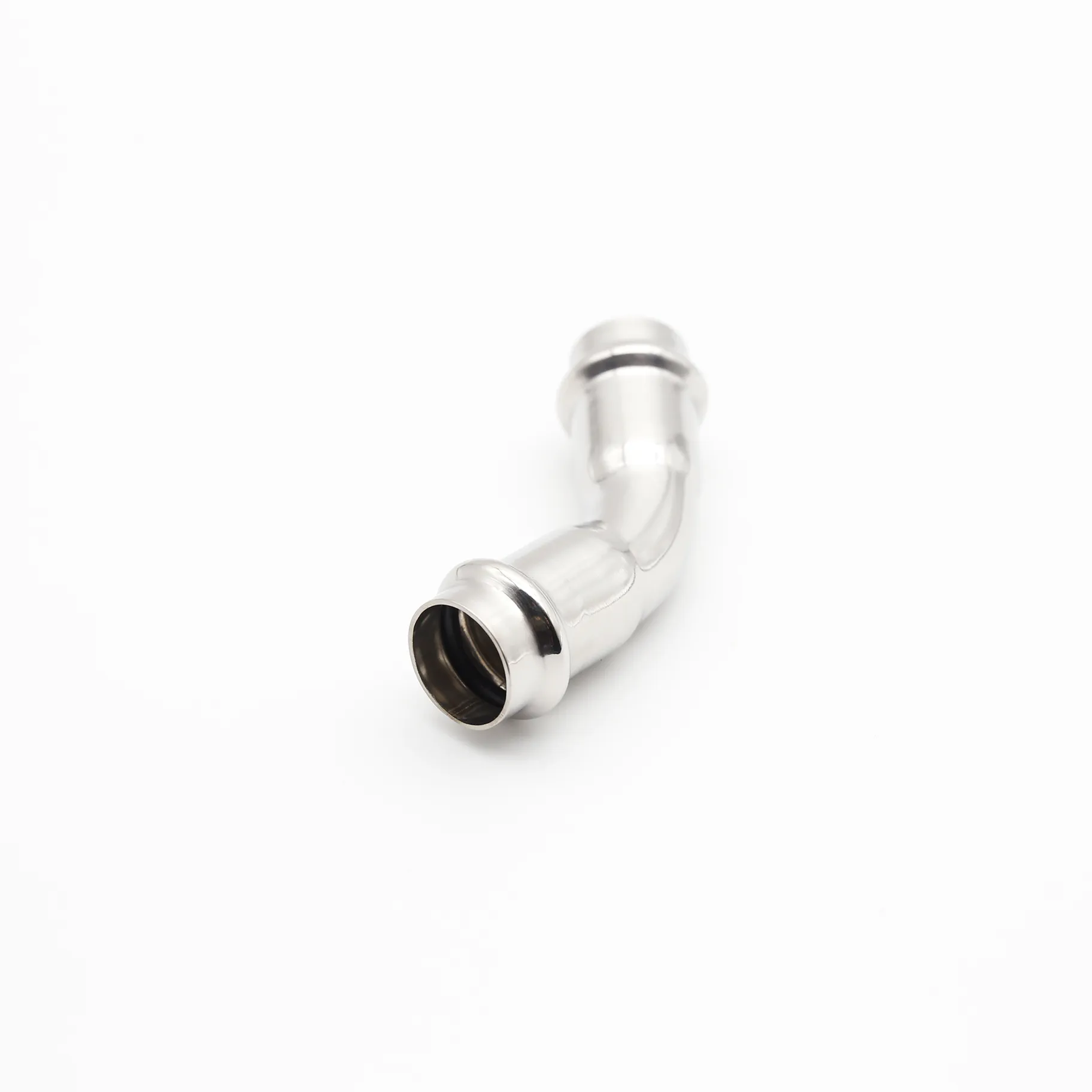 Three-quarter view of a stainless steel 45-degree press-fit elbow isolated on a white background.