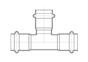 Cross-sectional diagram of a stainless steel press-fit tee, showing the O-ring seated in its groove and the pipe fully inserted, with arrows indicating the dual press points.