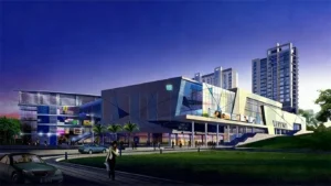 Architectural rendering of the modern, multi-tower Shenzhen Bantian Commercial Plaza complex, featuring a reliable stainless steel piping system for its water supply.