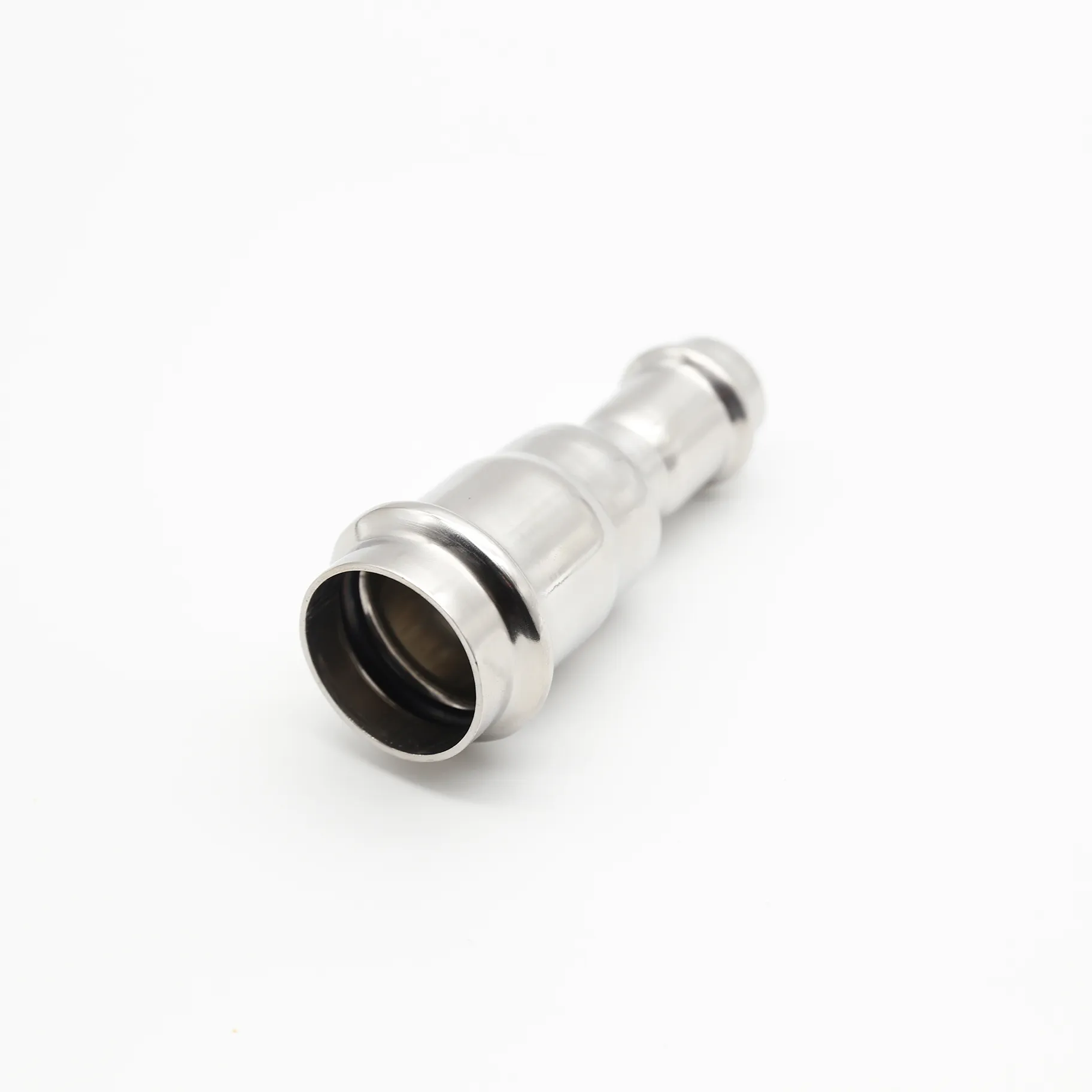 Stainless steel reducing press fit coupling for pipe size transition
